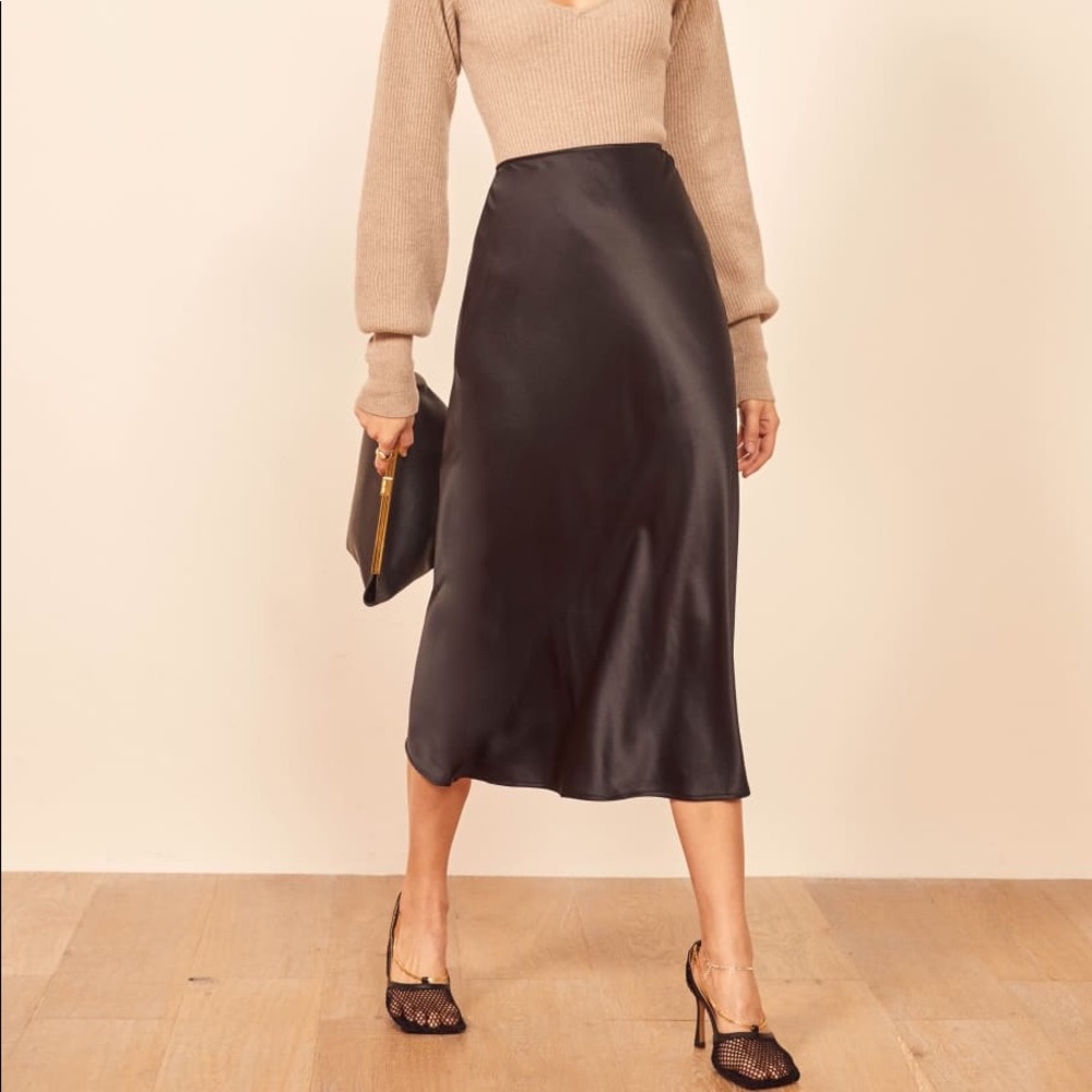 Reformation Black Satin Midi Slip Skirt
